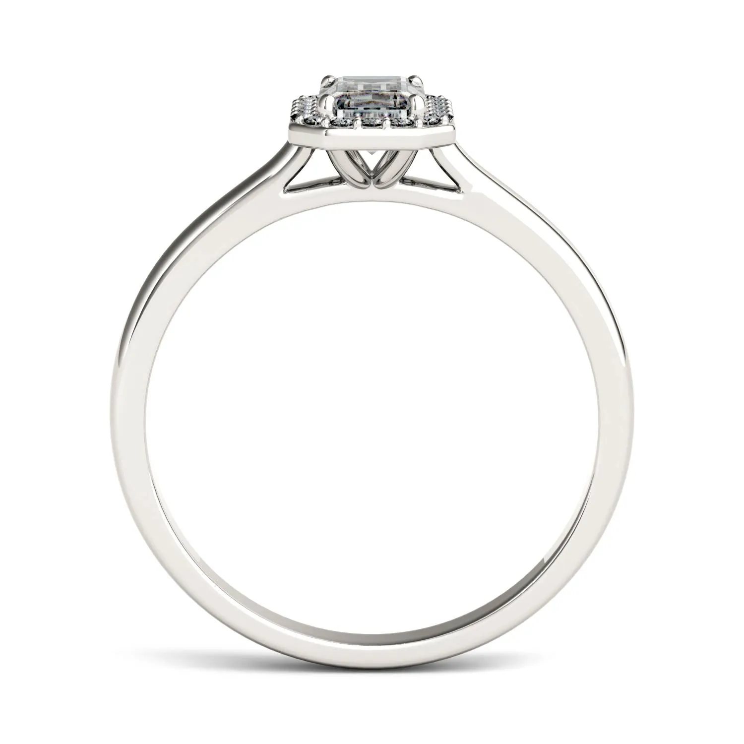 0.68 CTW DEW Emerald Moissanite Halo Ring in 14K White Gold