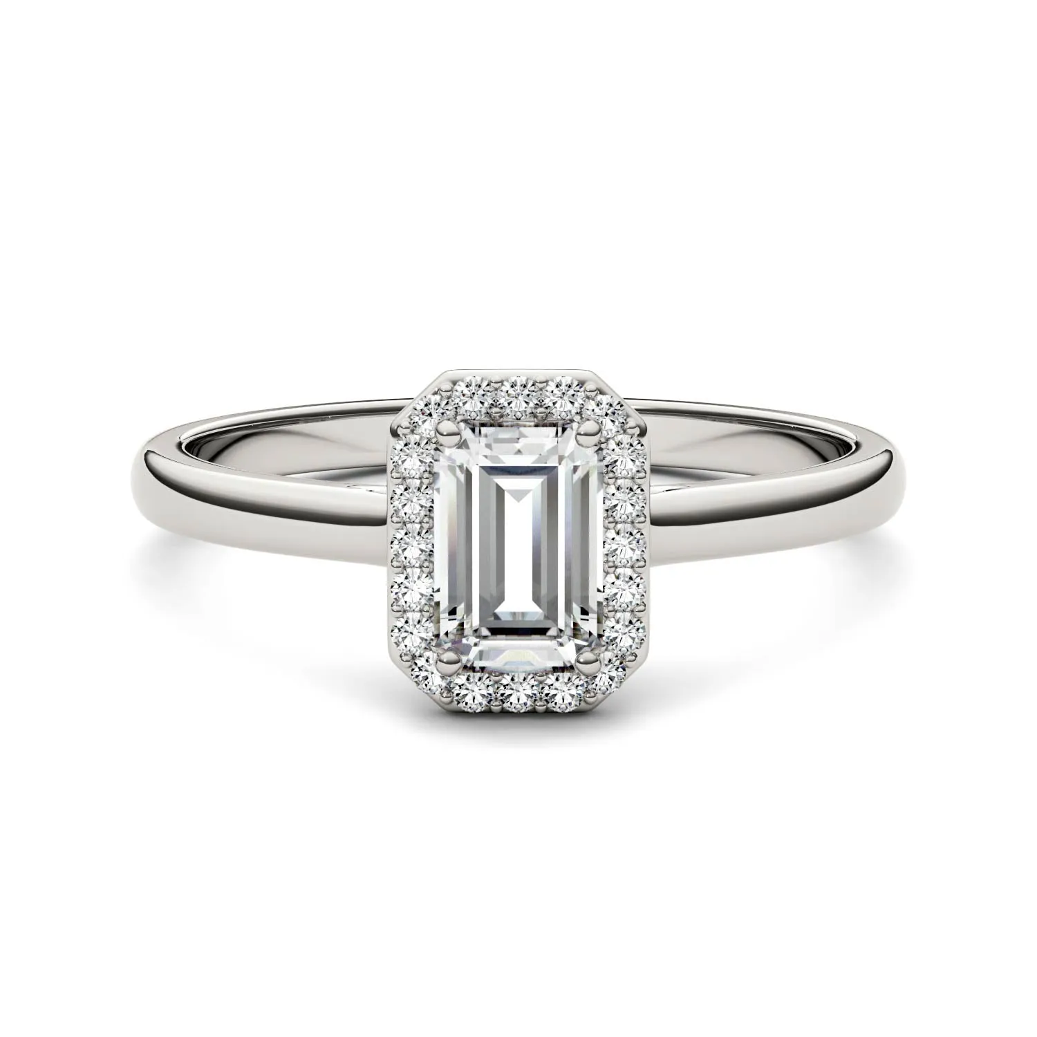 0.68 CTW DEW Emerald Moissanite Halo Ring in 14K White Gold