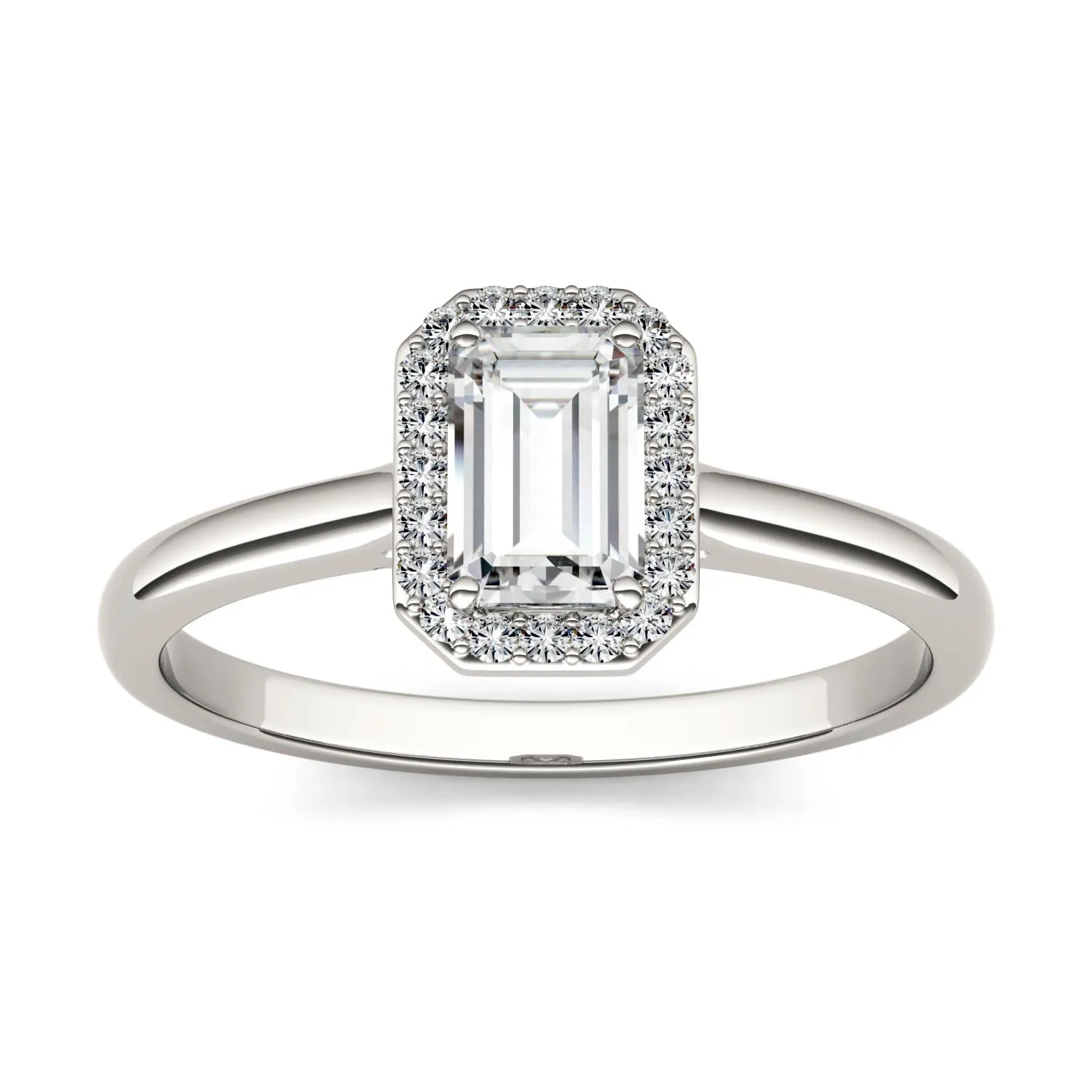 0.68 CTW DEW Emerald Moissanite Halo Ring in 14K White Gold