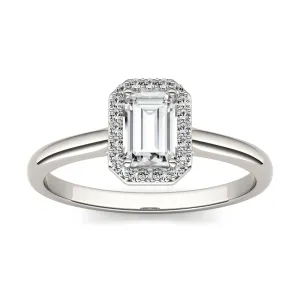 0.68 CTW DEW Emerald Moissanite Halo Ring in 14K White Gold