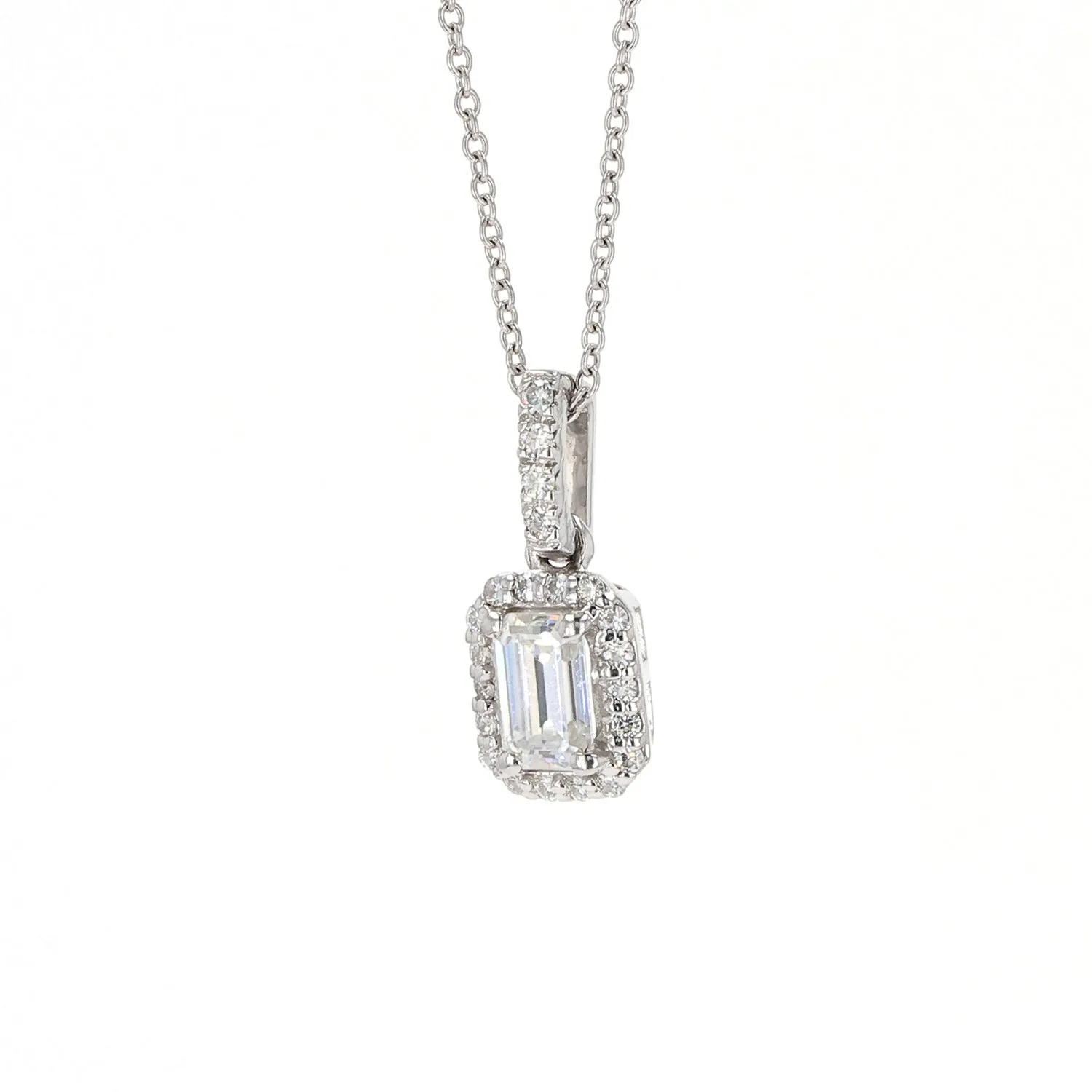 0.76 CTW DEW Emerald Moissanite Classic Halo Pendant in 14K White Gold
