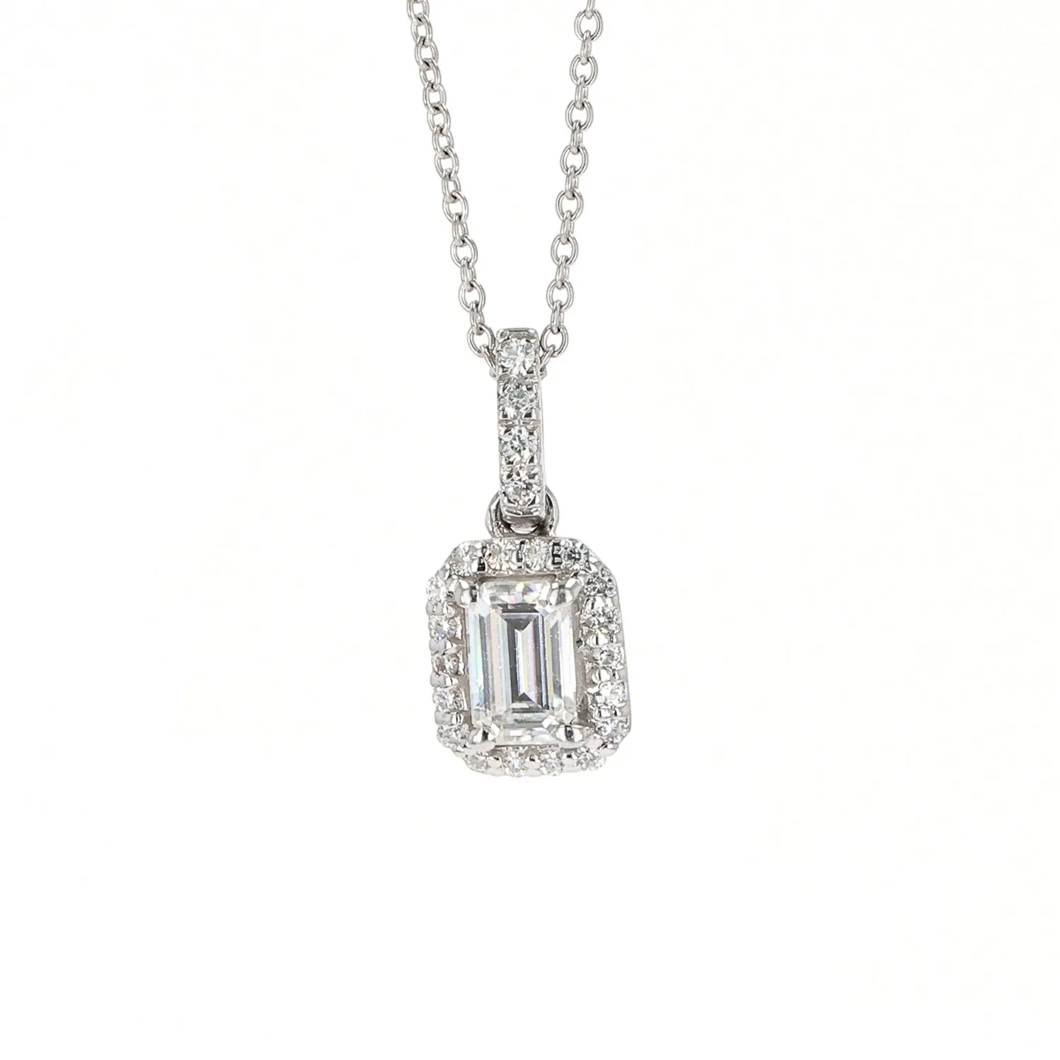 0.76 CTW DEW Emerald Moissanite Classic Halo Pendant in 14K White Gold