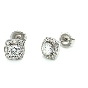 0.86 CTW DEW Round Moissanite Cushion Halo Stud Earrings in 14K White Gold