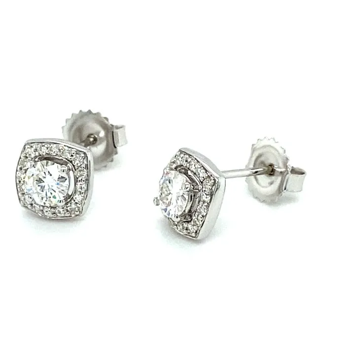 0.86 CTW DEW Round Moissanite Cushion Halo Stud Earrings in 14K White Gold