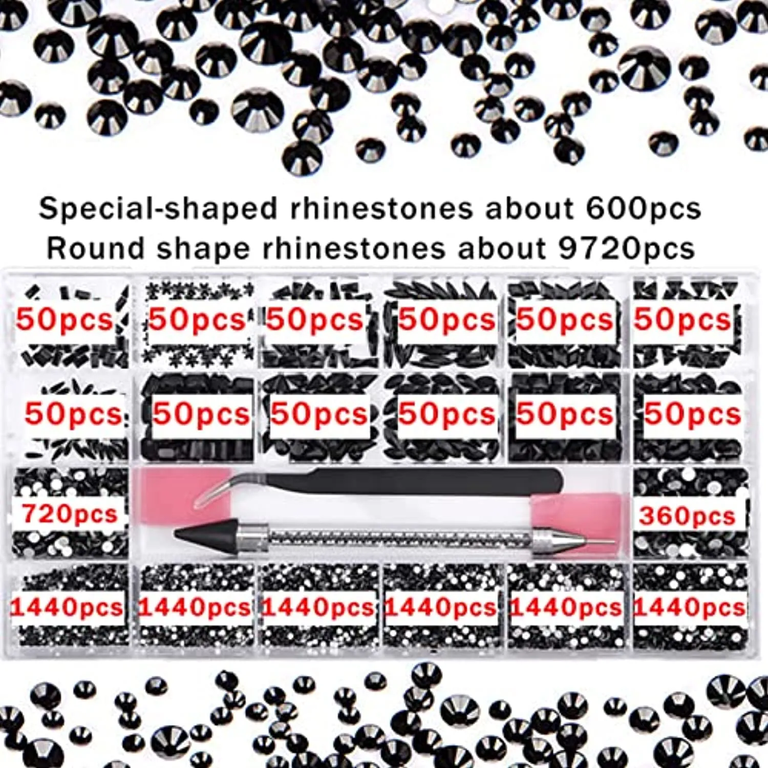 10320Pcs Nail Rhinestones for Nails, Bedazzler Kit with Rhinestones for Crafts, Hotfix rhinestones for Clothes Makeup, Crystal AB Black Rhinestones Diamonds Nail Gems and Rhinestones for Nail Art