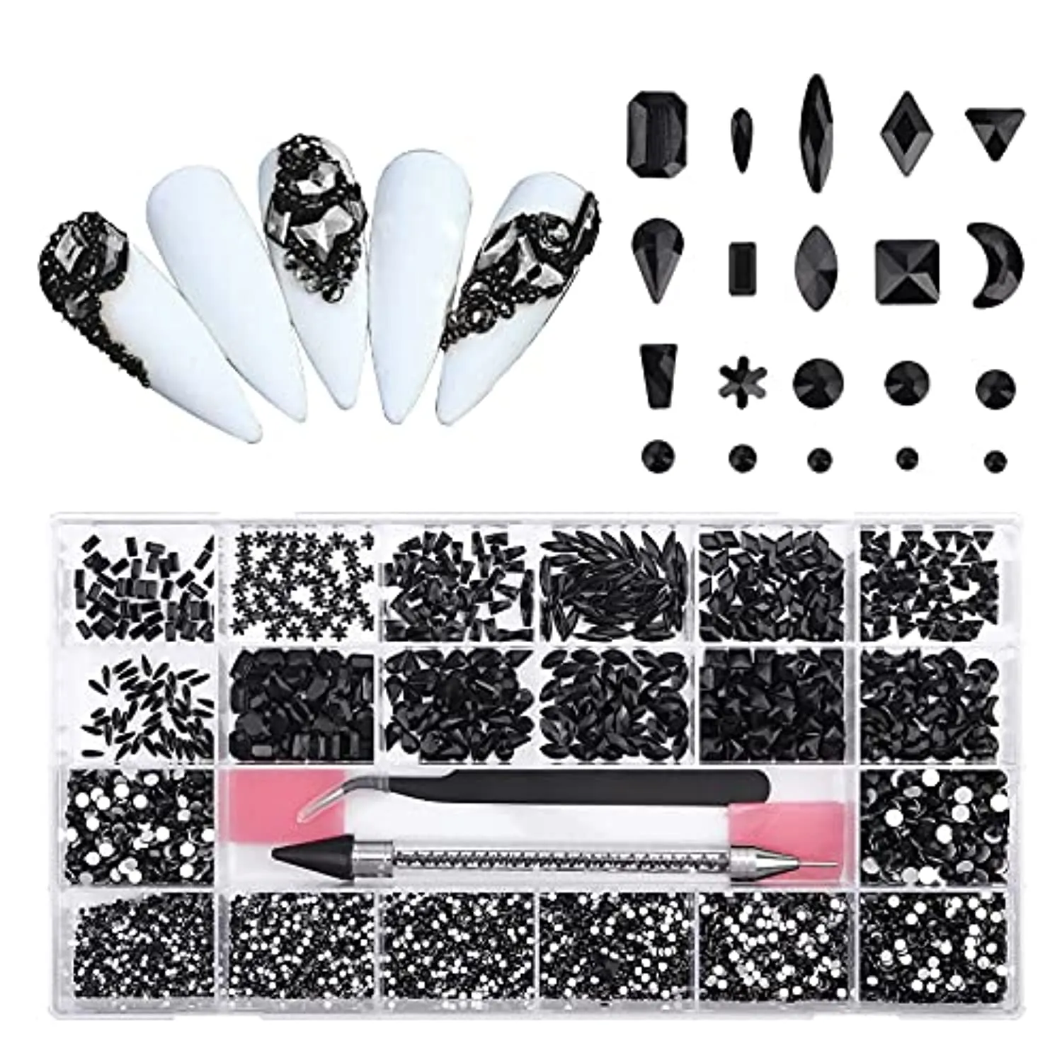 10320Pcs Nail Rhinestones for Nails, Bedazzler Kit with Rhinestones for Crafts, Hotfix rhinestones for Clothes Makeup, Crystal AB Black Rhinestones Diamonds Nail Gems and Rhinestones for Nail Art