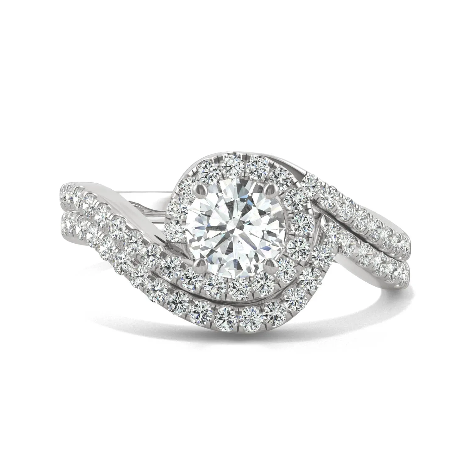 1.18 CTW DEW Round Moissanite Bypass Halo Wedding Set in 14K White Gold