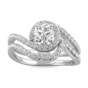 1.18 CTW DEW Round Moissanite Bypass Halo Wedding Set in 14K White Gold
