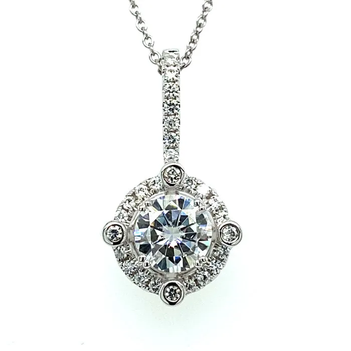1.25 CTW DEW Round Moissanite Halo Pendant in 14K White Gold