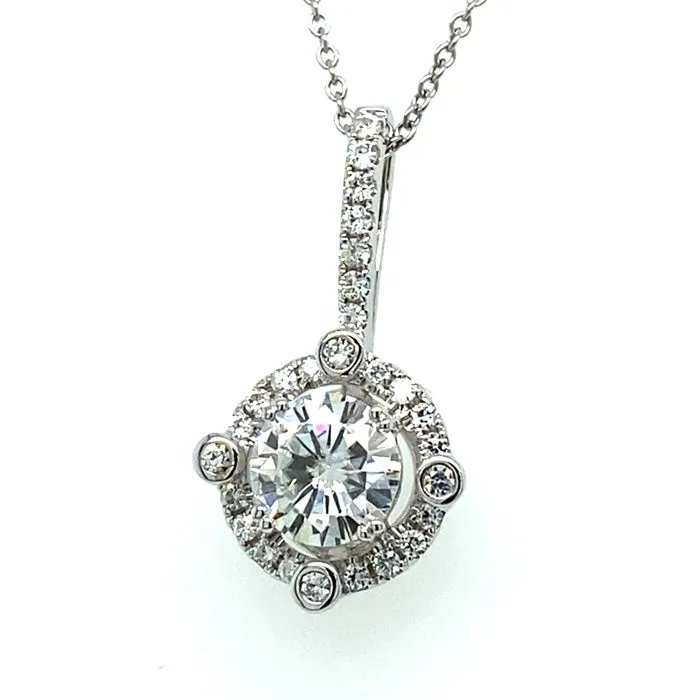 1.25 CTW DEW Round Moissanite Halo Pendant in 14K White Gold
