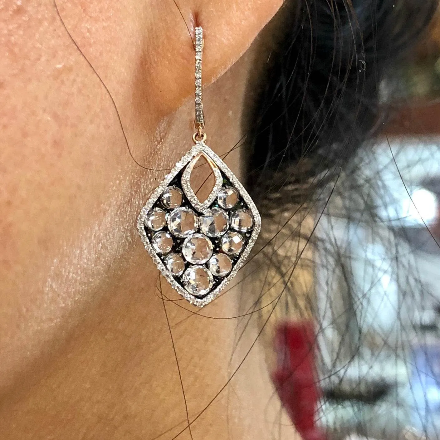 14K Rose Gold Drop Earrings with Clustered Champaign Diamond