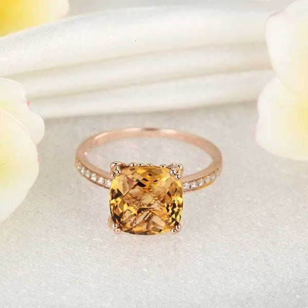 14K Rose Gold Yellow 3.6 Ct Cushion Citrine Natural Diamond