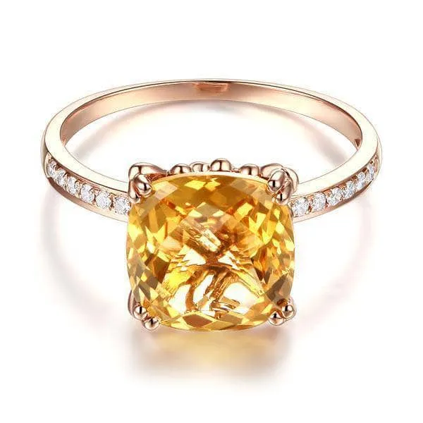 14K Rose Gold Yellow 3.6 Ct Cushion Citrine Natural Diamond