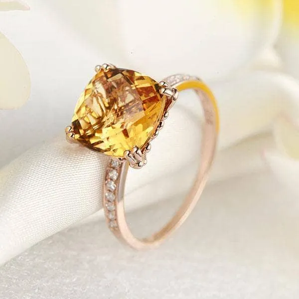 14K Rose Gold Yellow 3.6 Ct Cushion Citrine Natural Diamond