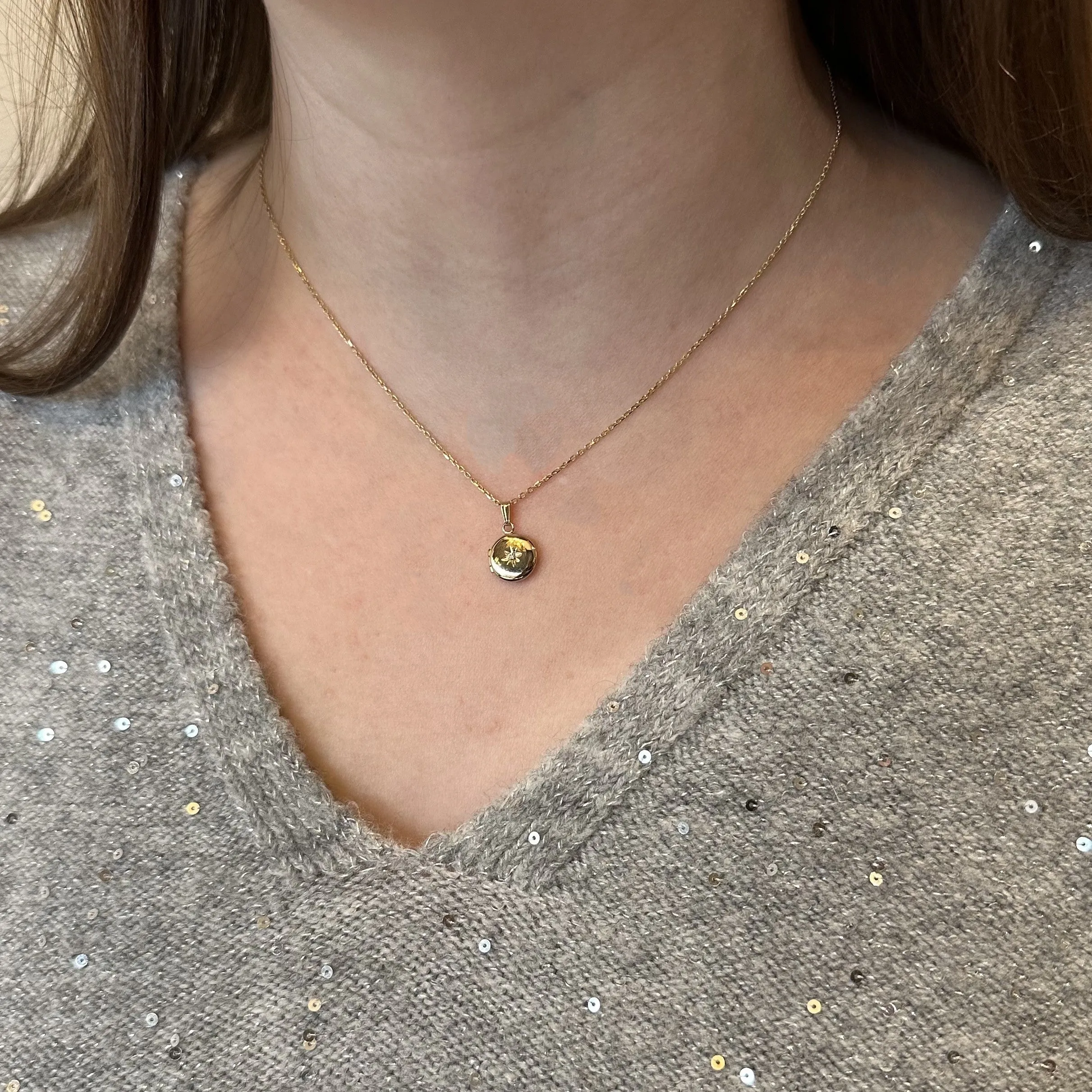 14K Yellow Gold Mini Round Diamond Locket