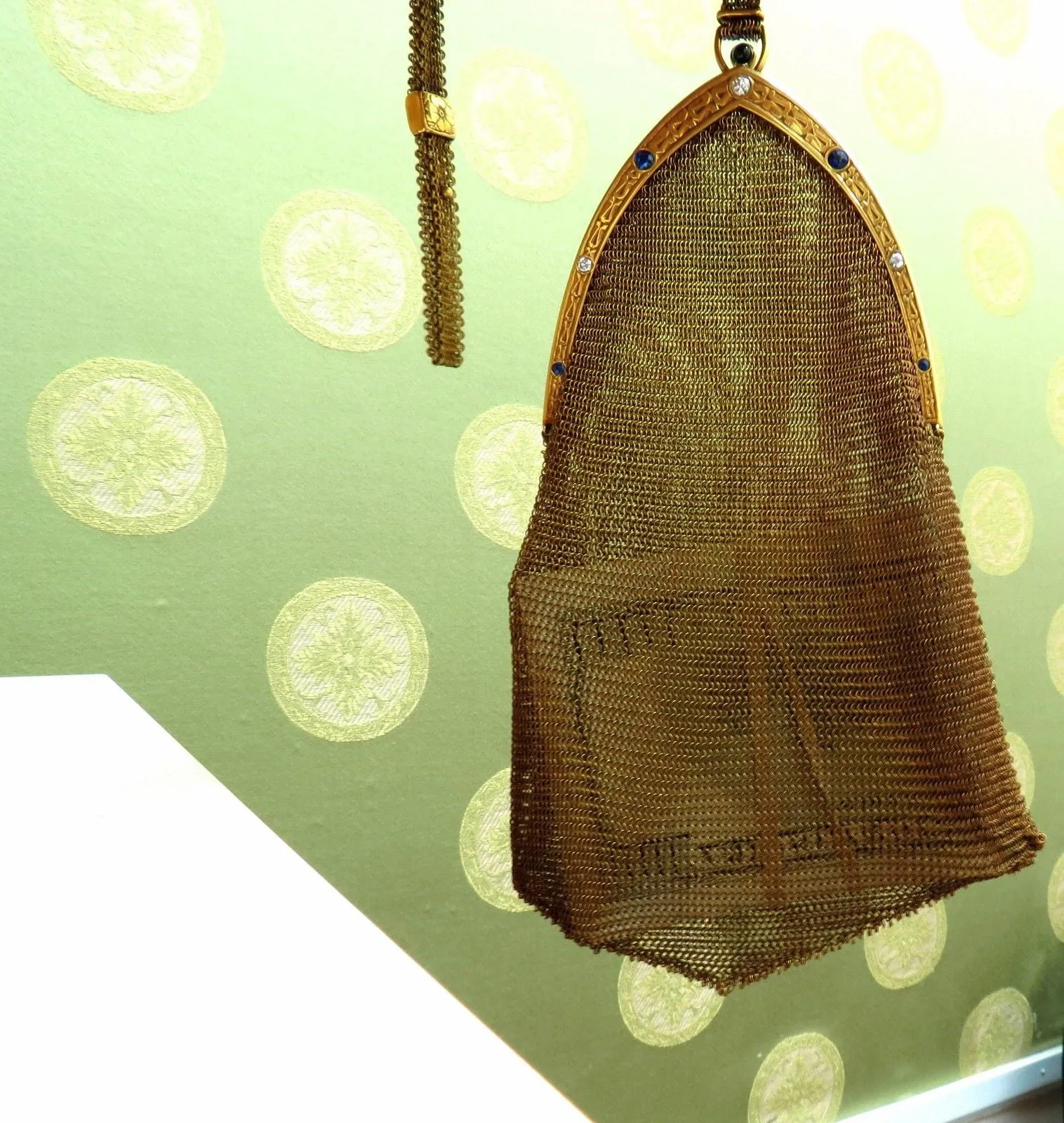 14KT GOLD PURSE LADIES VINTAGE 1.00ct SAPPHIRE DIAMONDS FLEX MESH STRAP HANDLE