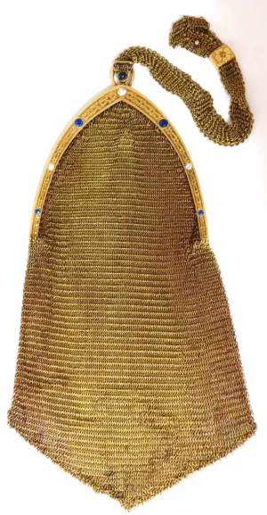 14KT GOLD PURSE LADIES VINTAGE 1.00ct SAPPHIRE DIAMONDS FLEX MESH STRAP HANDLE