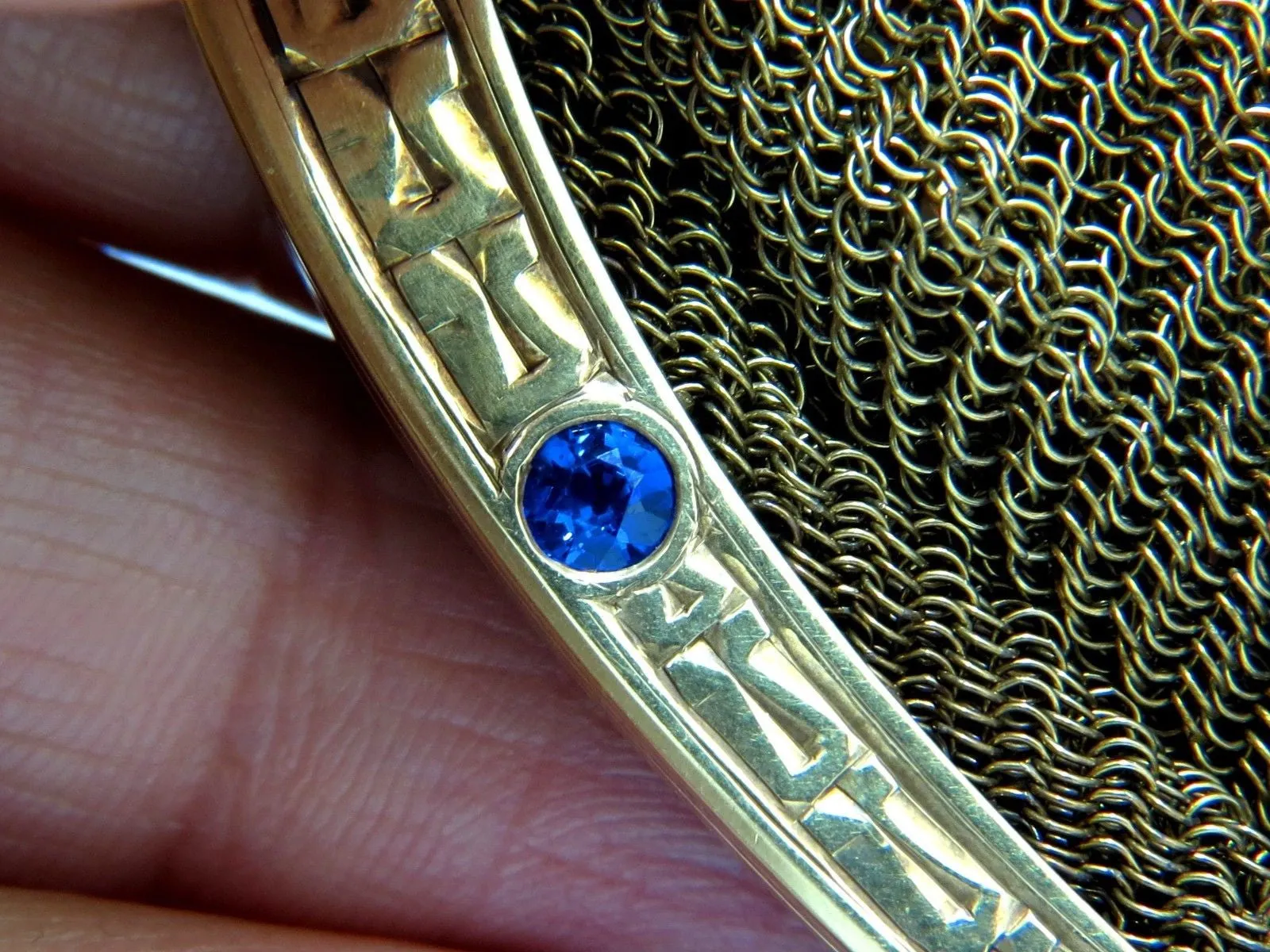 14KT GOLD PURSE LADIES VINTAGE 1.00ct SAPPHIRE DIAMONDS FLEX MESH STRAP HANDLE