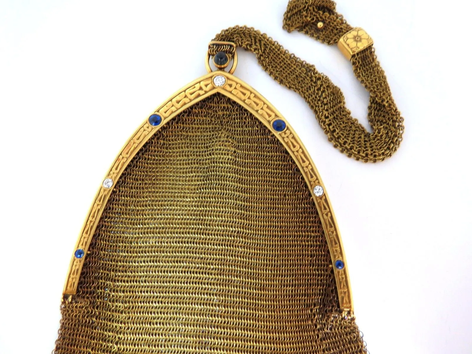 14KT GOLD PURSE LADIES VINTAGE 1.00ct SAPPHIRE DIAMONDS FLEX MESH STRAP HANDLE