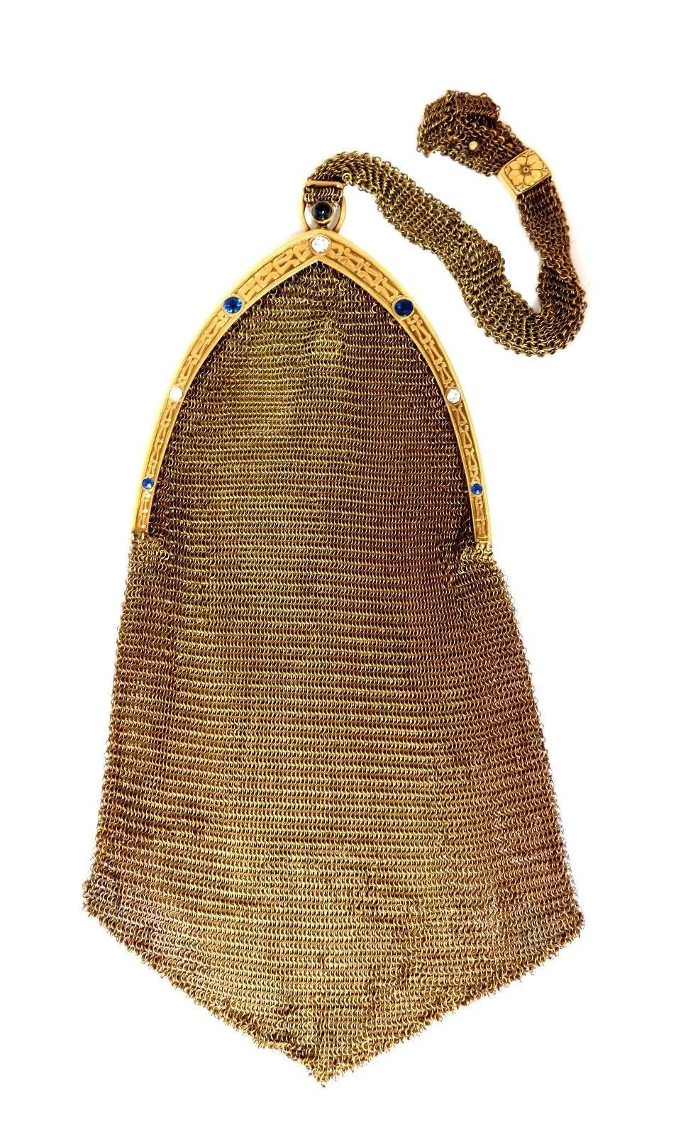 14KT GOLD PURSE LADIES VINTAGE 1.00ct SAPPHIRE DIAMONDS FLEX MESH STRAP HANDLE