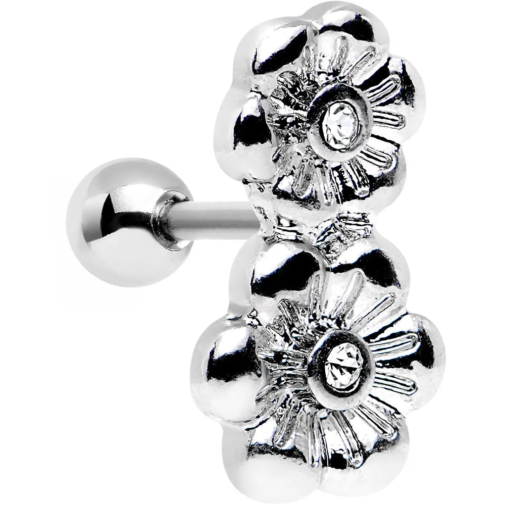 16 Gauge 1/4 Clear Gem Steel Double Flower Tragus Cartilage Earring