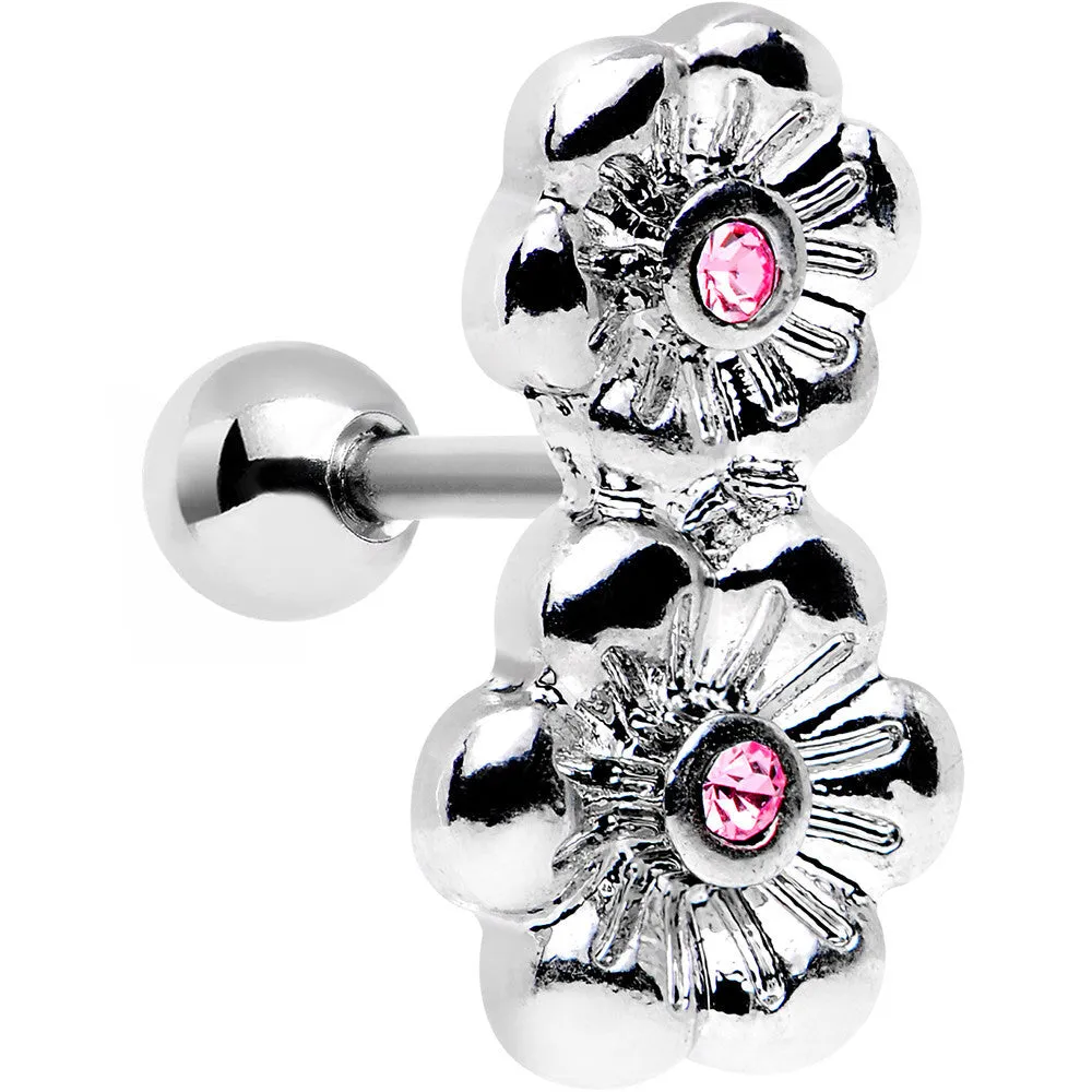 16 Gauge 1/4 Pink Gem Steel Double Flower Tragus Cartilage Earring