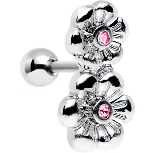 16 Gauge 1/4 Pink Gem Steel Double Flower Tragus Cartilage Earring