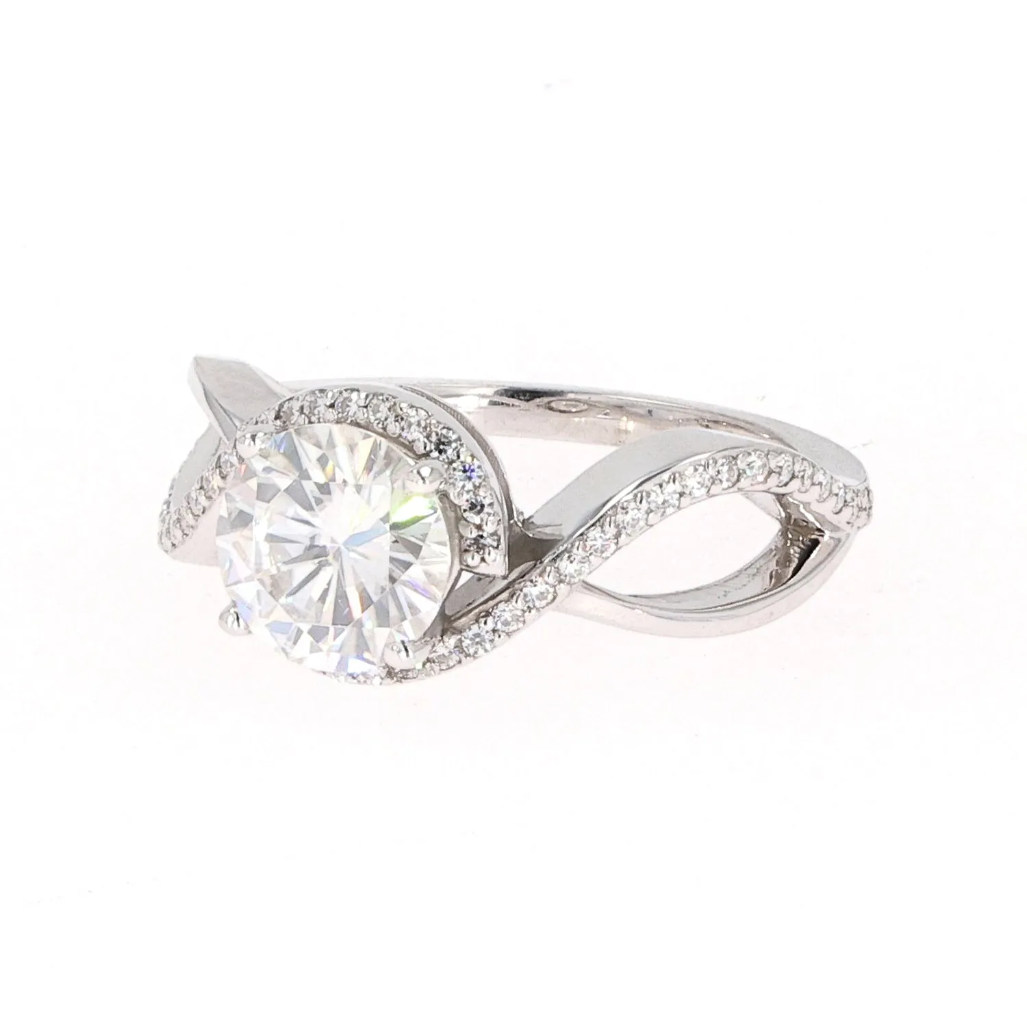 1.75 CTW DEW Round Moissanite Twist Solitaire With Accents Engagement Ring in 14K White Gold