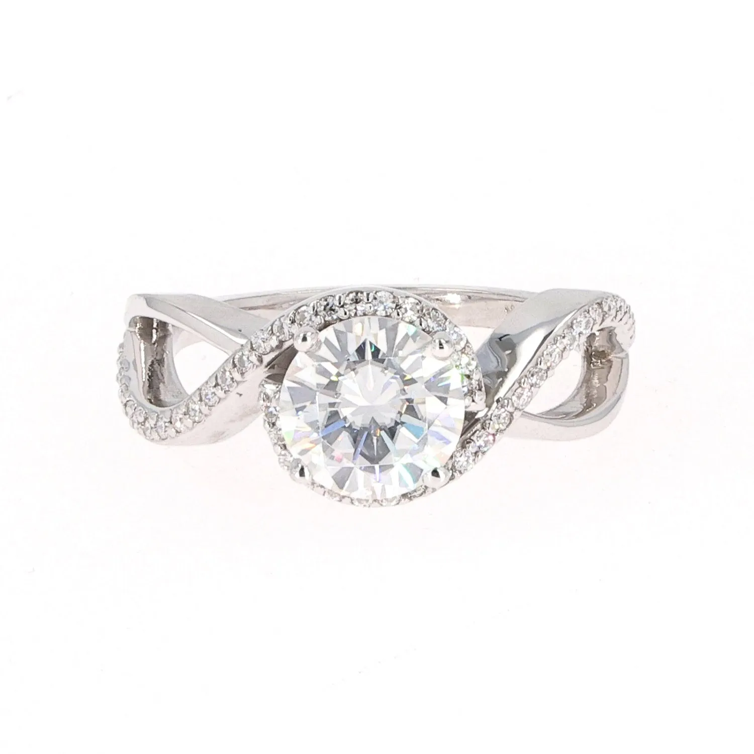 1.75 CTW DEW Round Moissanite Twist Solitaire With Accents Engagement Ring in 14K White Gold