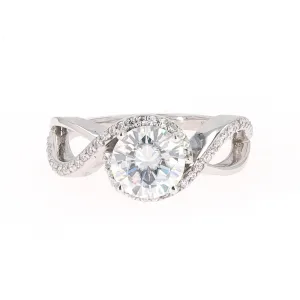 1.75 CTW DEW Round Moissanite Twist Solitaire With Accents Engagement Ring in 14K White Gold