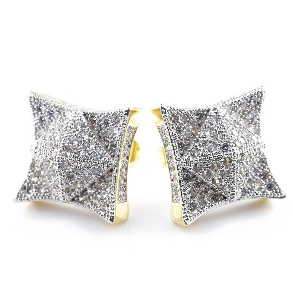 18K Gold Iced Pyramid Stud Earrings