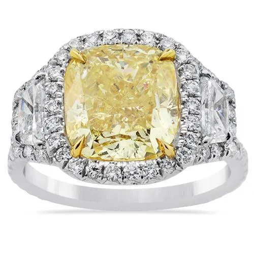 18k White Gold & Platinum Three Stone Fancy Yellow Diamond Ring 6.51 Ctw