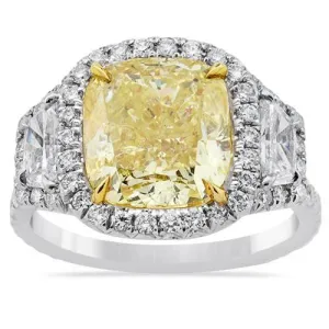 18k White Gold & Platinum Three Stone Fancy Yellow Diamond Ring 6.51 Ctw