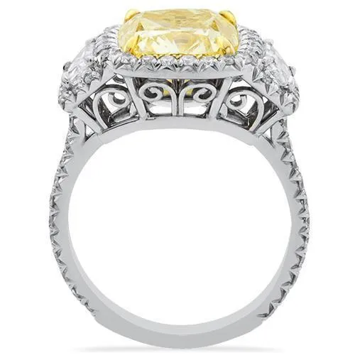 18k White Gold & Platinum Three Stone Fancy Yellow Diamond Ring 6.51 Ctw