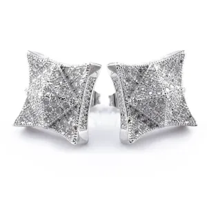 18K White Gold Iced Pyramid Stud Earrings