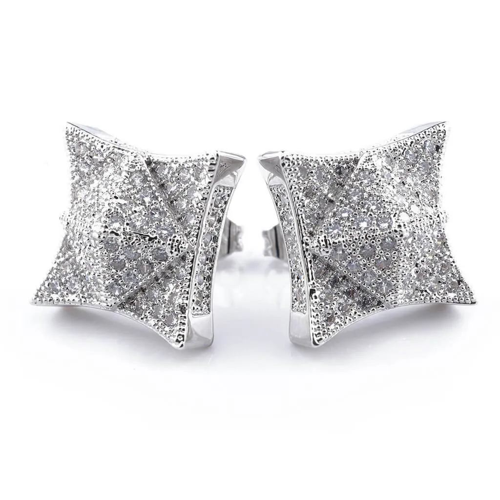 18K White Gold Iced Pyramid Stud Earrings