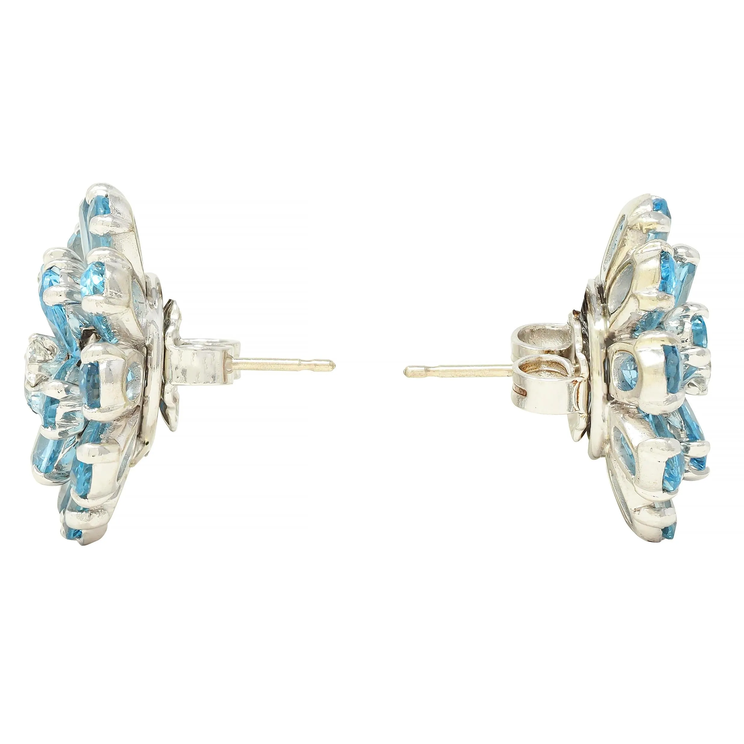 1960's 9.20 CTW Aquamarine Diamond 14 Karat White Gold Vintage Cluster Flower Earrings