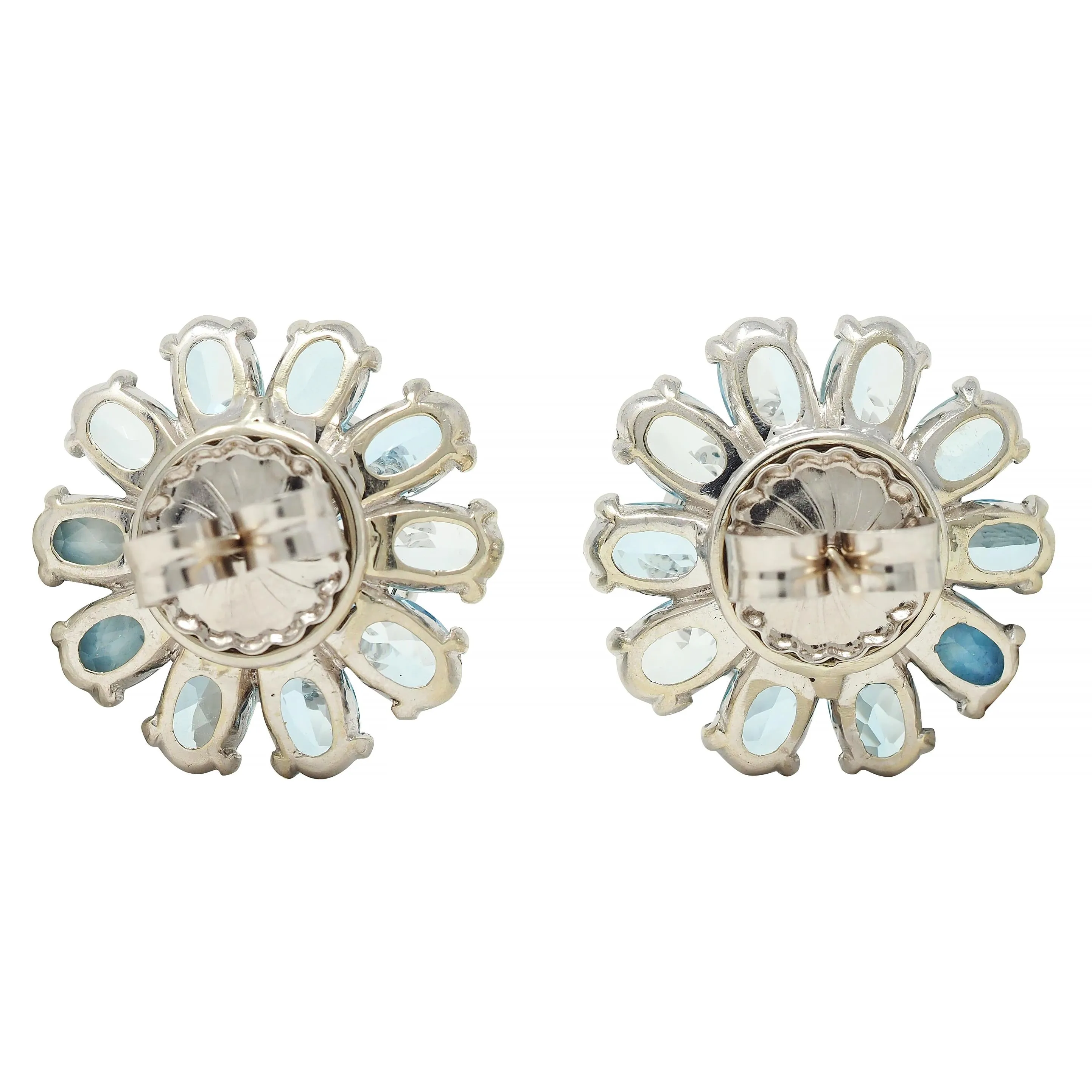 1960's 9.20 CTW Aquamarine Diamond 14 Karat White Gold Vintage Cluster Flower Earrings