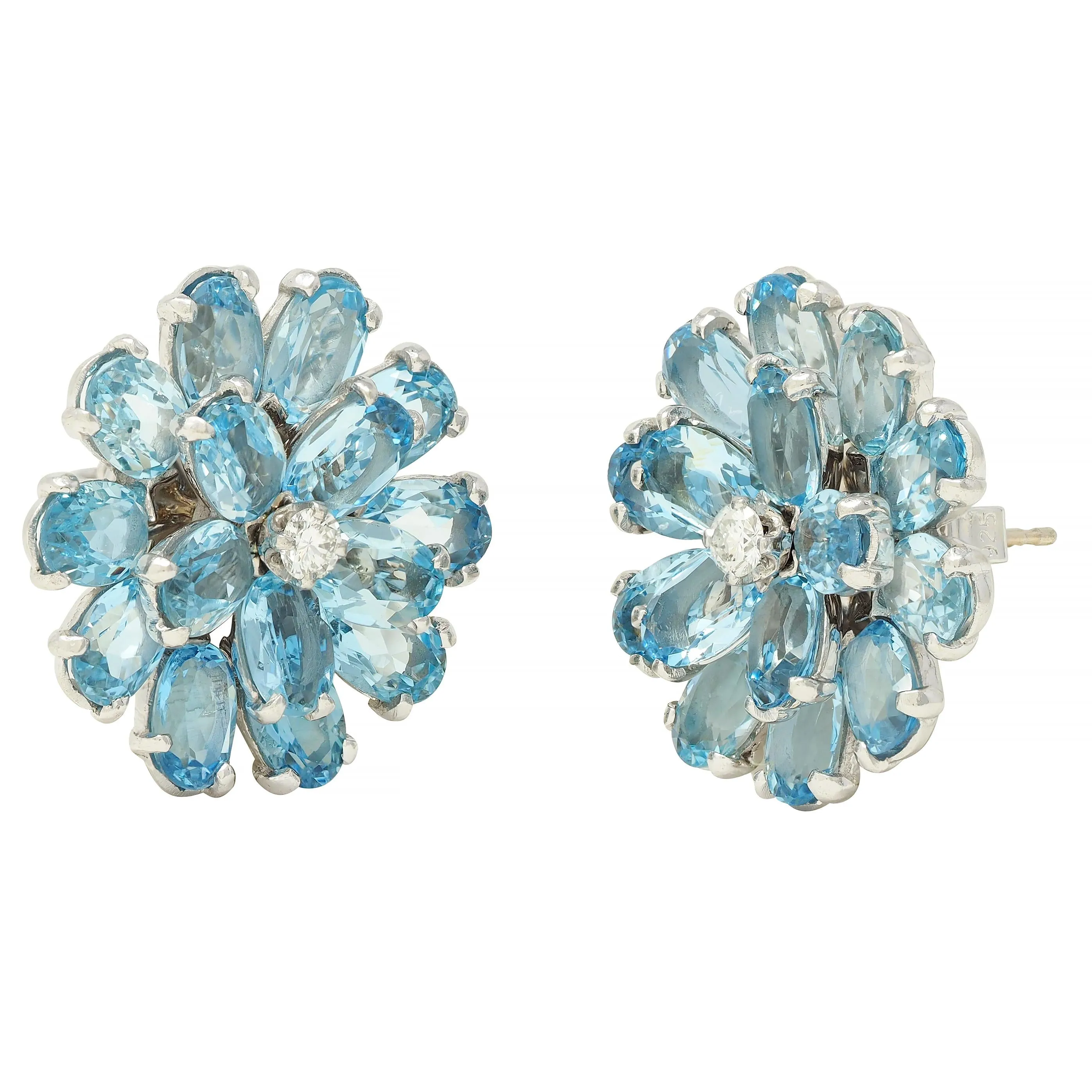 1960's 9.20 CTW Aquamarine Diamond 14 Karat White Gold Vintage Cluster Flower Earrings