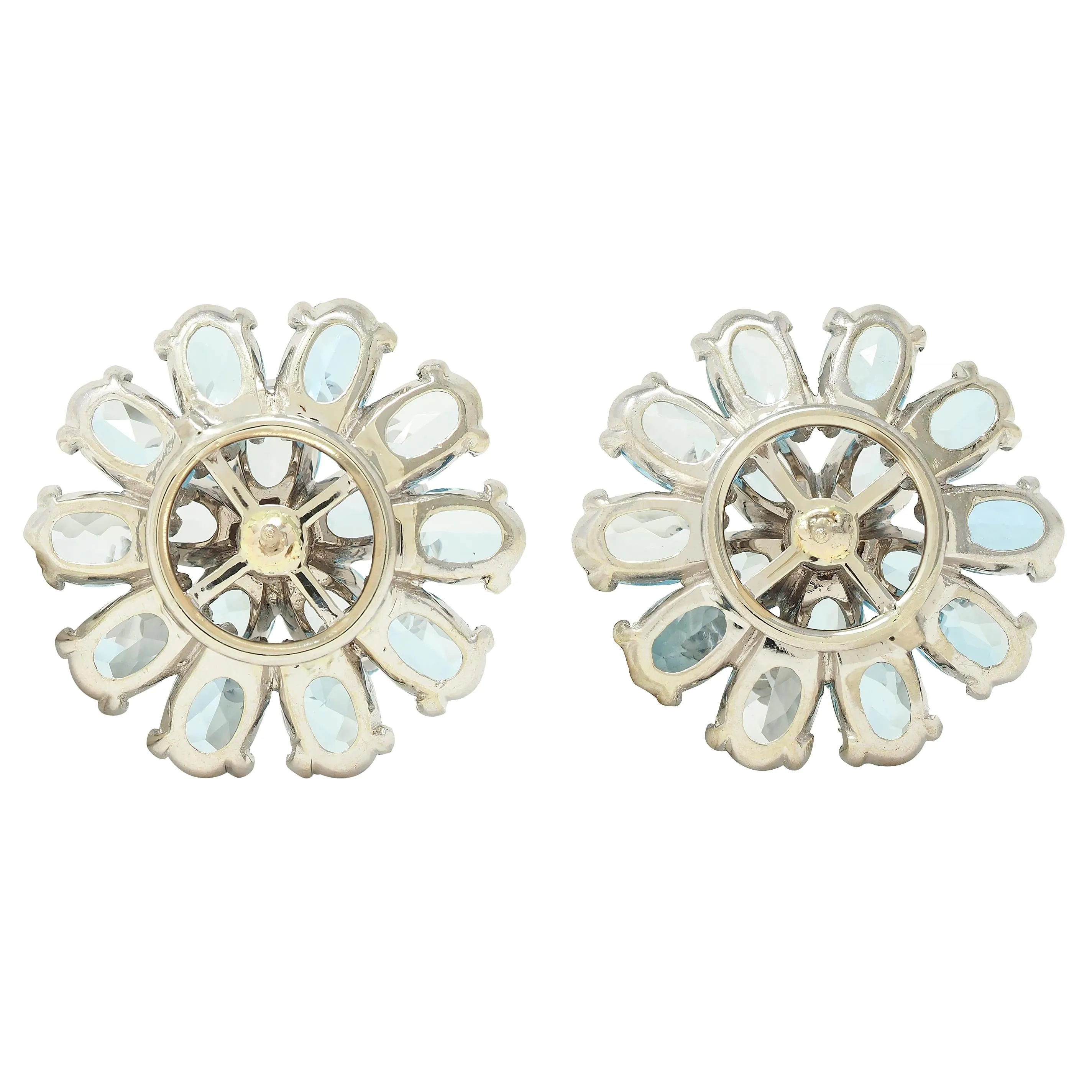 1960's 9.20 CTW Aquamarine Diamond 14 Karat White Gold Vintage Cluster Flower Earrings
