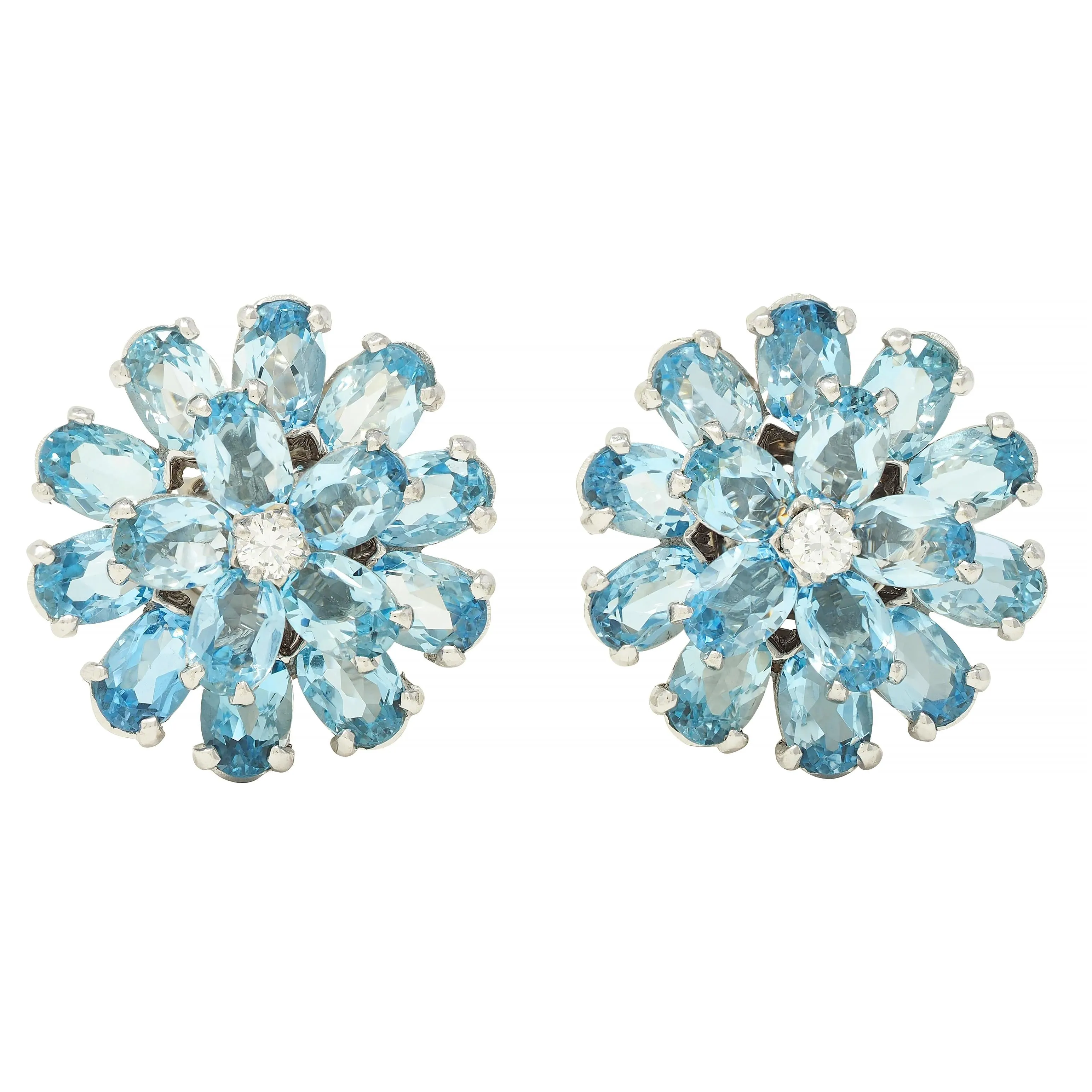 1960's 9.20 CTW Aquamarine Diamond 14 Karat White Gold Vintage Cluster Flower Earrings