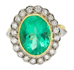 1980's 6.40 CTW Colombian Emerald Diamond 18 Karat Two-Tone Gold Cluster Vintage Ring GIA