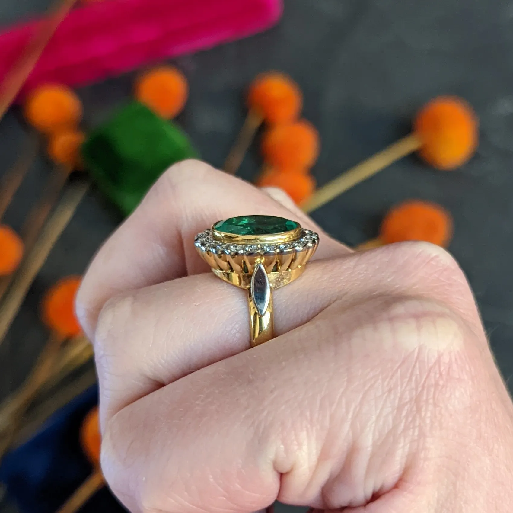 1980's 6.40 CTW Colombian Emerald Diamond 18 Karat Two-Tone Gold Cluster Vintage Ring GIA