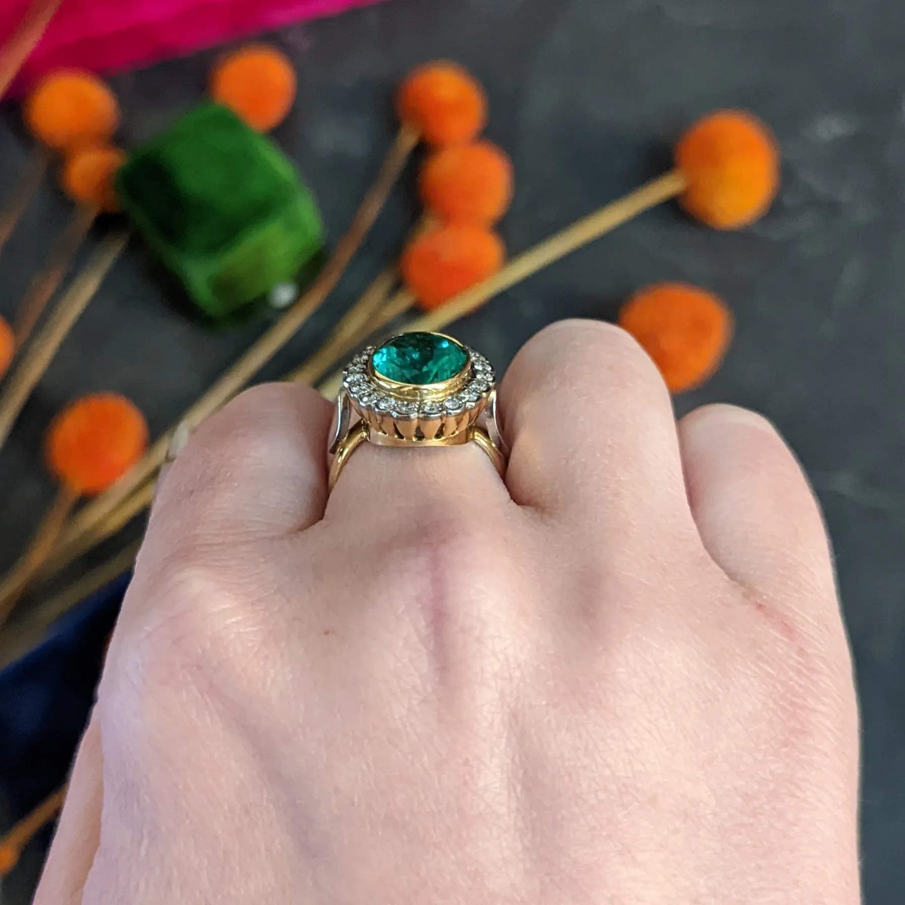 1980's 6.40 CTW Colombian Emerald Diamond 18 Karat Two-Tone Gold Cluster Vintage Ring GIA