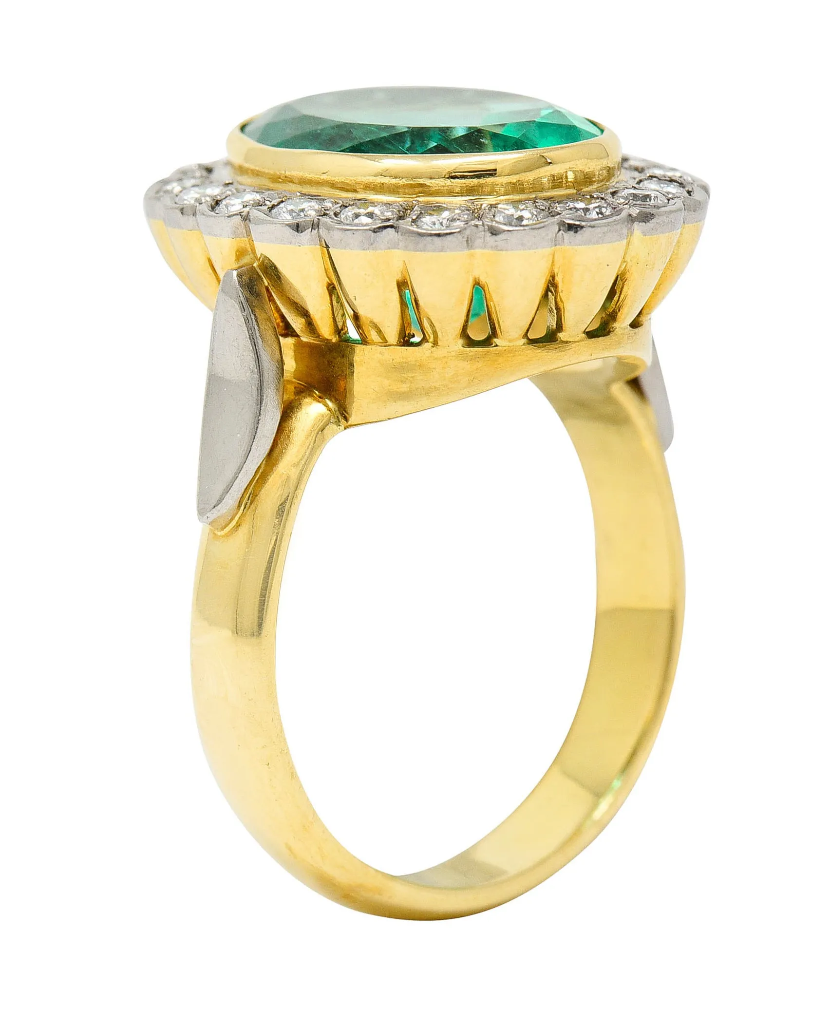 1980's 6.40 CTW Colombian Emerald Diamond 18 Karat Two-Tone Gold Cluster Vintage Ring GIA