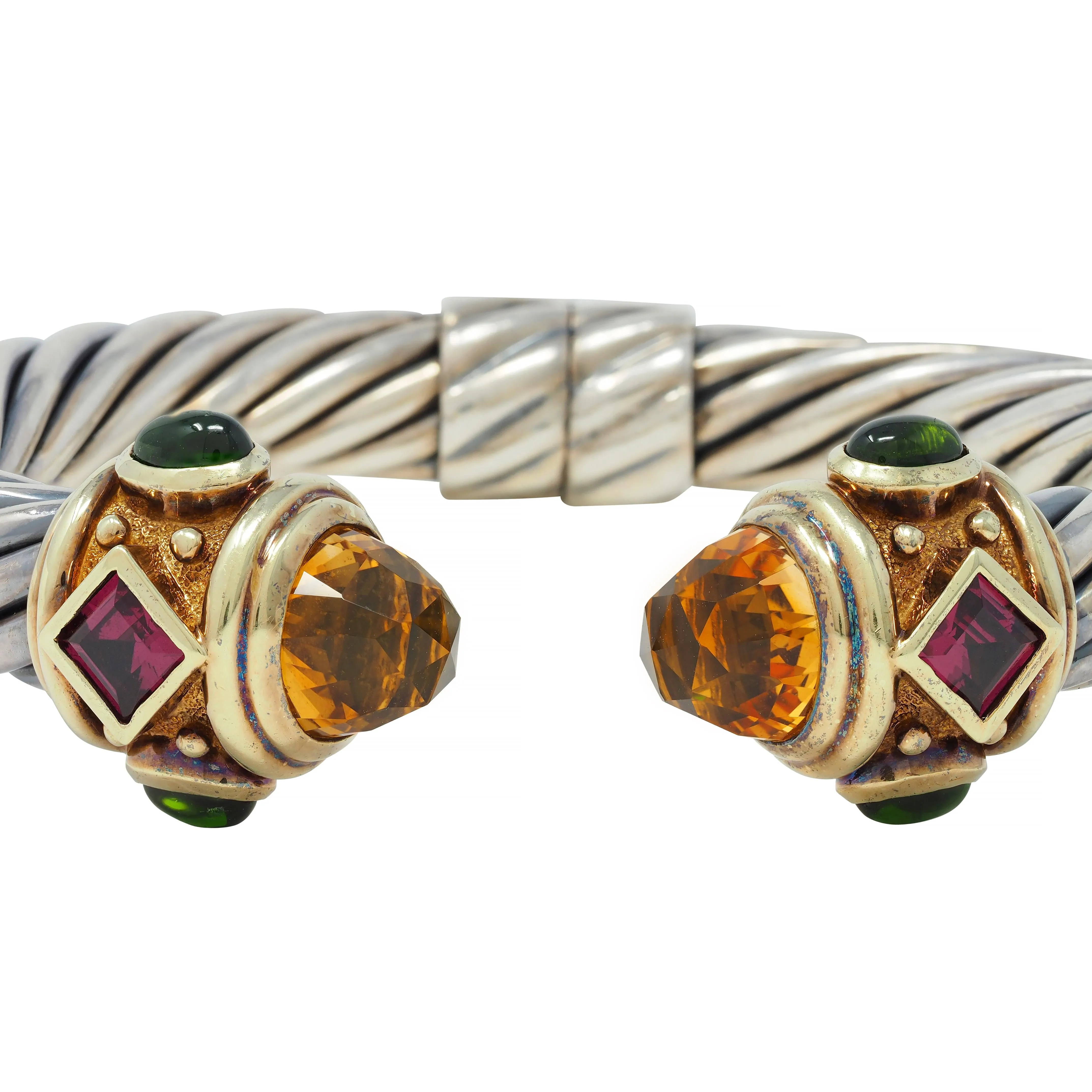 1990's David Yurman Tourmaline Citrine 14 Karat Yellow Gold Sterling Silver Vintage Renaissance Cuff Bracelet