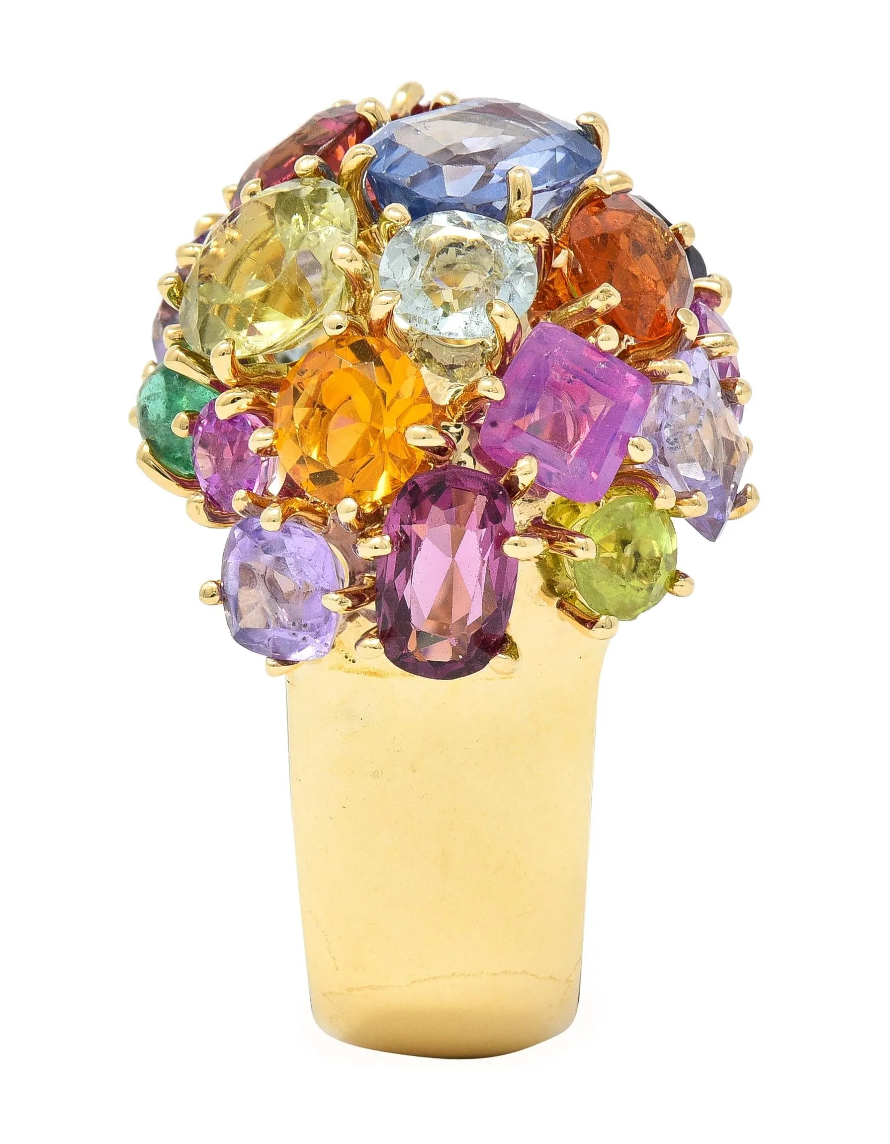 1990's Multi-Gem Sapphire Topaz Peridot 14 Karat Yellow Gold Vintage Cluster Cocktail Ring