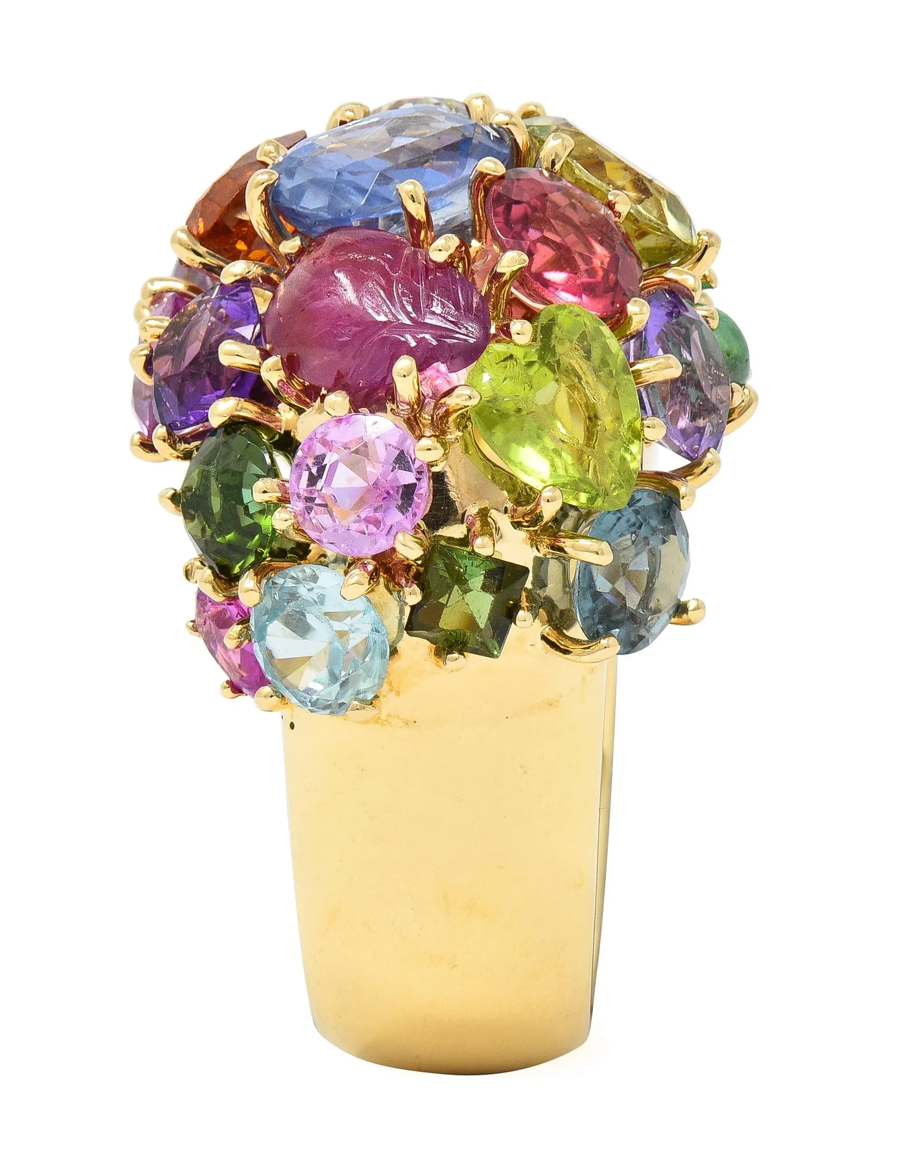 1990's Multi-Gem Sapphire Topaz Peridot 14 Karat Yellow Gold Vintage Cluster Cocktail Ring