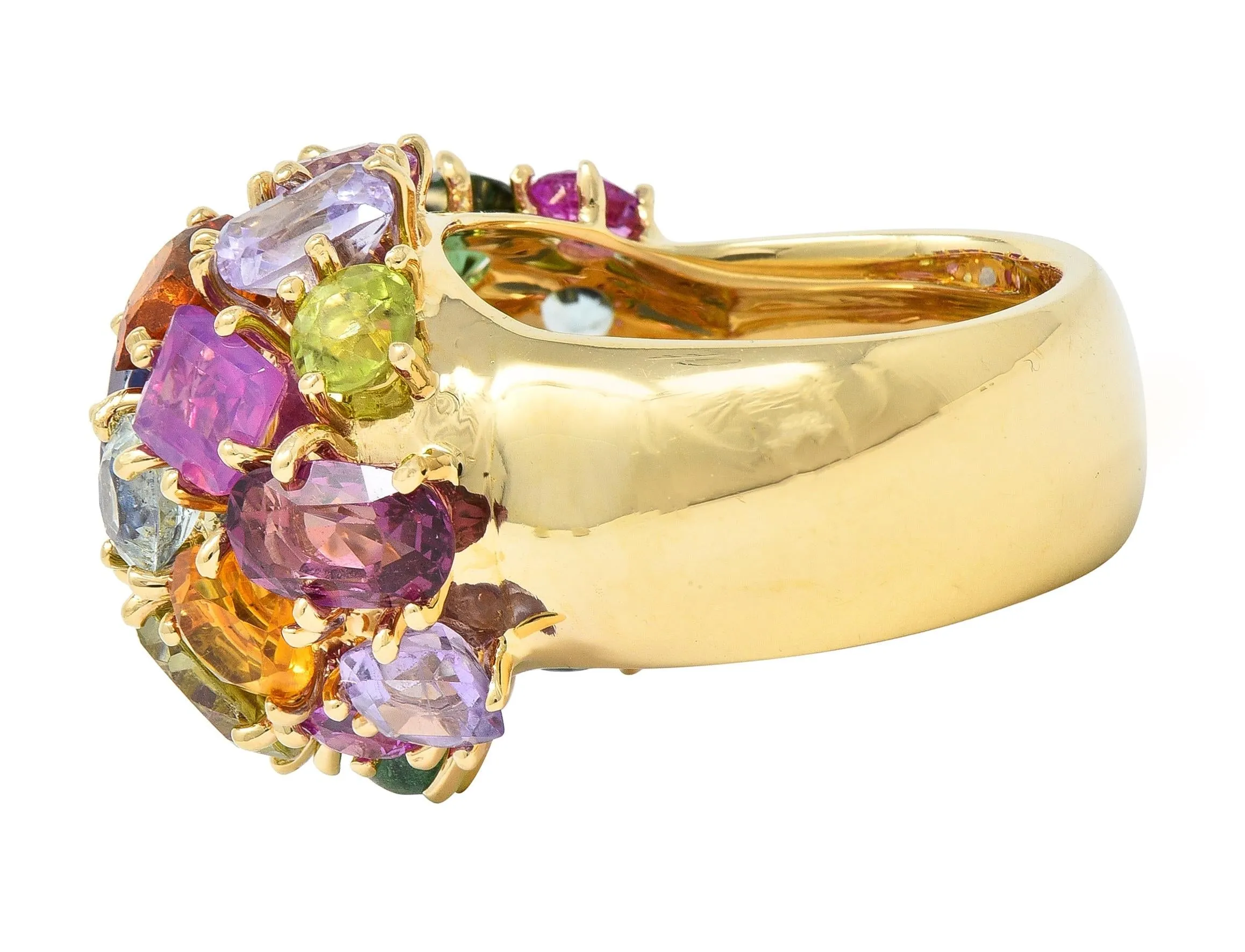 1990's Multi-Gem Sapphire Topaz Peridot 14 Karat Yellow Gold Vintage Cluster Cocktail Ring