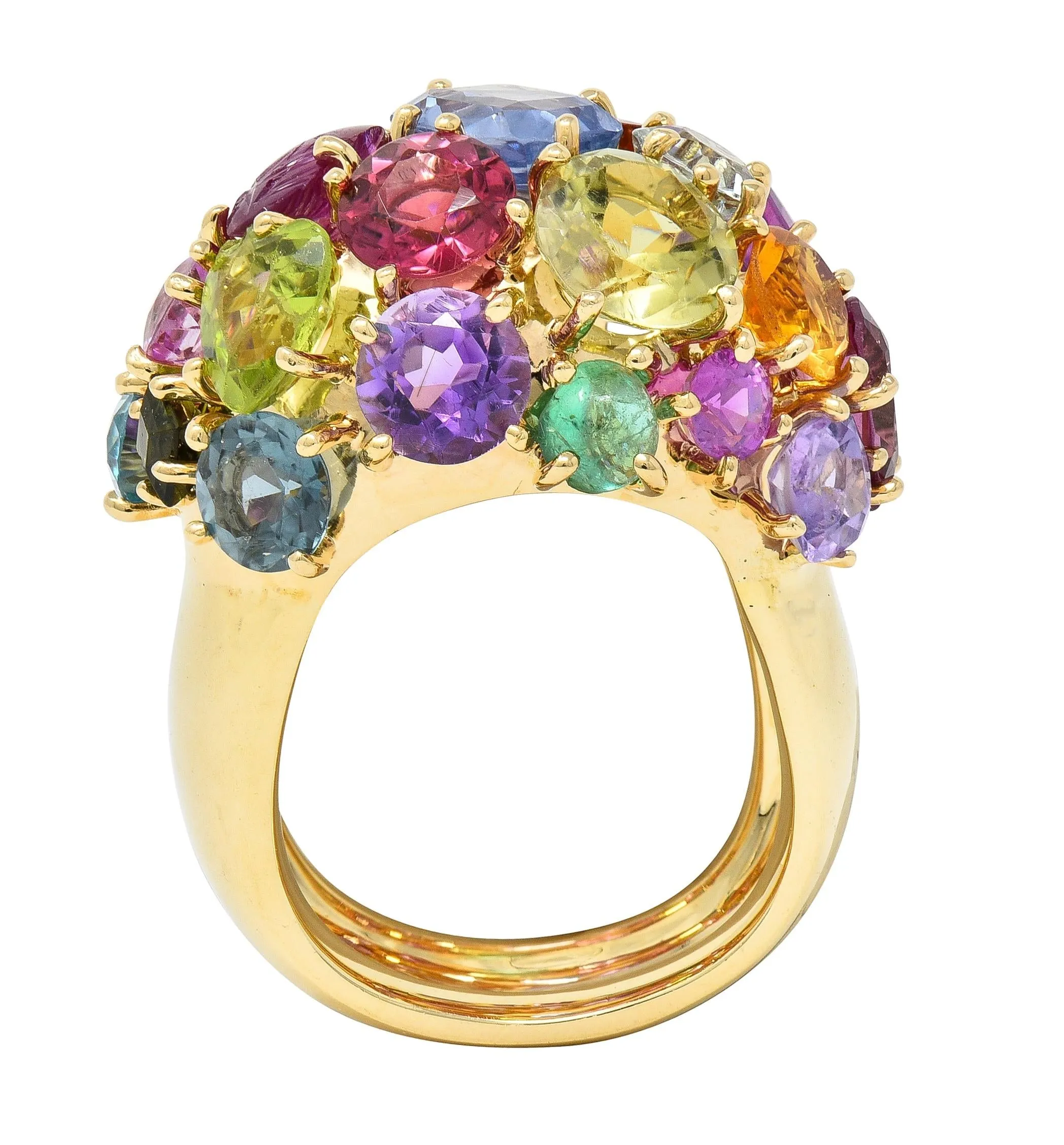 1990's Multi-Gem Sapphire Topaz Peridot 14 Karat Yellow Gold Vintage Cluster Cocktail Ring